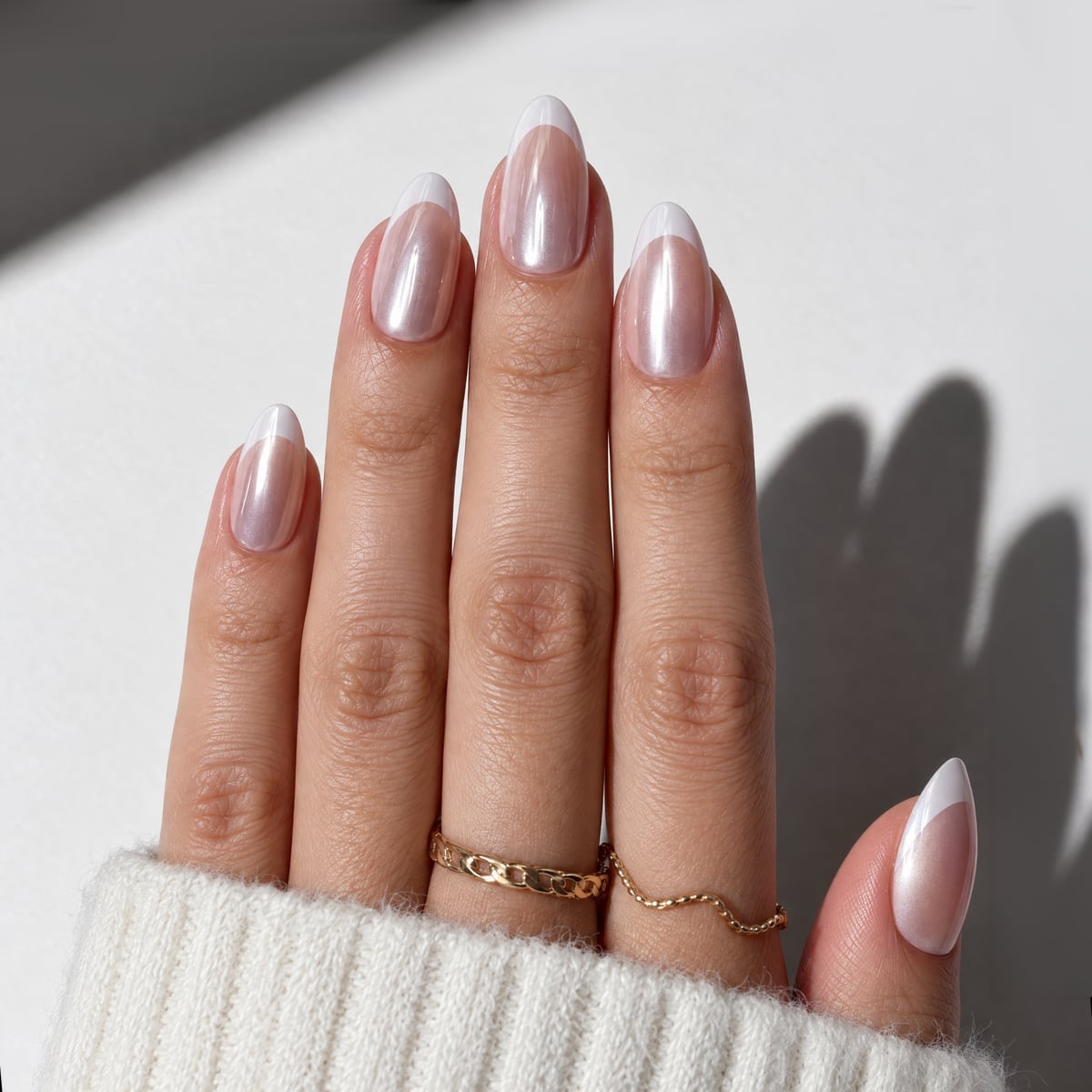 Pearlescent Nude Contour French Medium Almond Nails Pearlescent Nude Contour French Medium Almond Nails