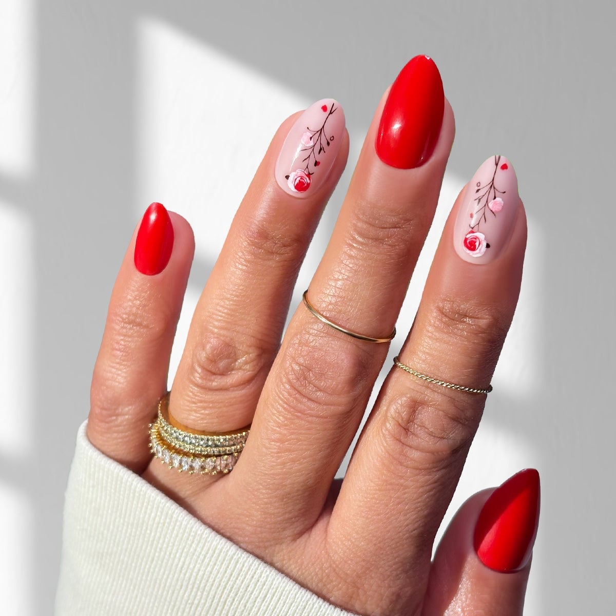 Vibrant Red and Nude Floral Line Art Medium Almond Nails Vibrant Red and Nude Floral Line Art Medium Almond Nails