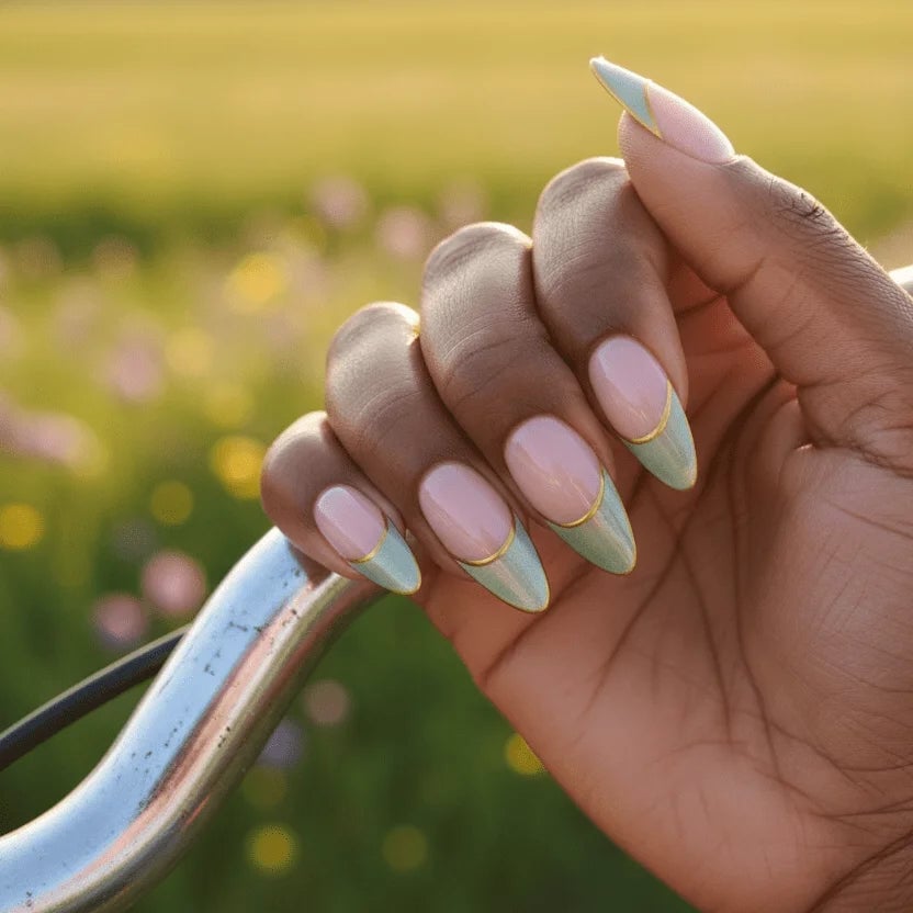 Mint Green Gold Line French Medium Almond Nails Mint Green Gold Line French Medium Almond Nails