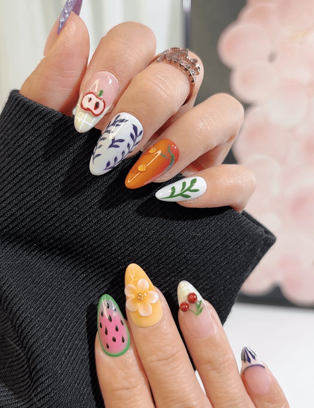 Fruity Floral Medium Almond Nails Fruity Floral Medium Almond Nails