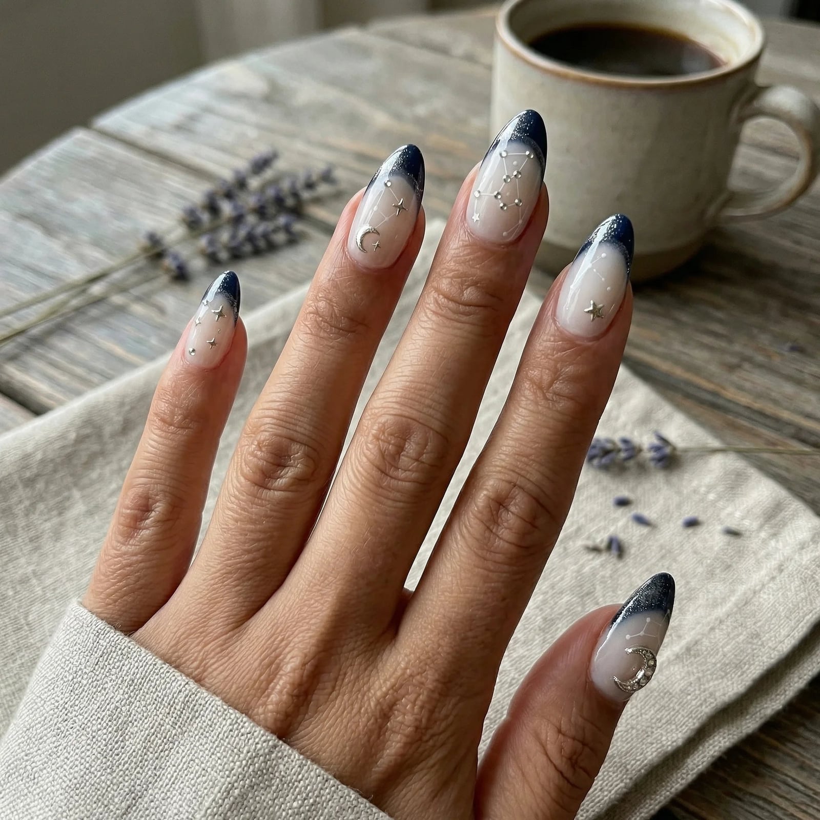 Navy Constellation Medium Almond Nails Navy Constellation Medium Almond Nails