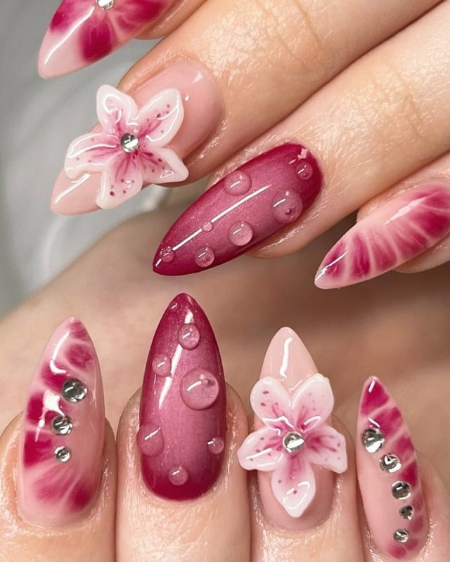 Pink Magenta Ombre Water Droplet Medium Almond Nails Pink Magenta Ombre Water Droplet Medium Almond Nails