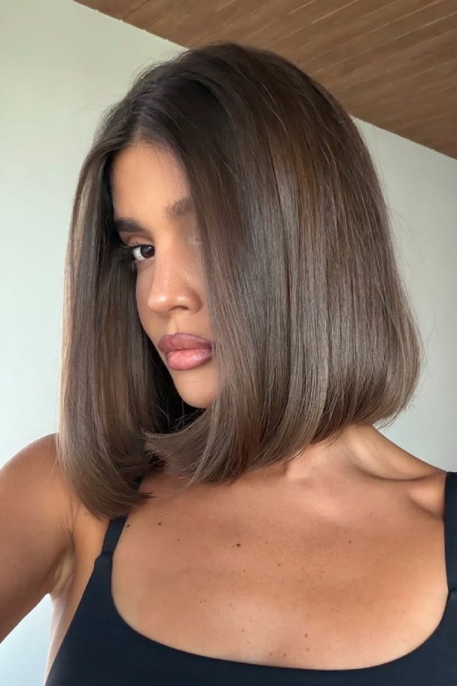 Solid Brown Chin Length Blunt Bob — Medium Haircuts