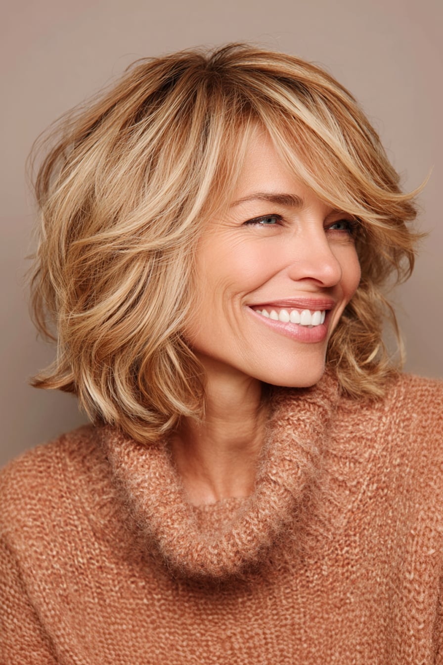 Blonde Chin Length Shag With Side Swept Bangs — Medium Haircuts