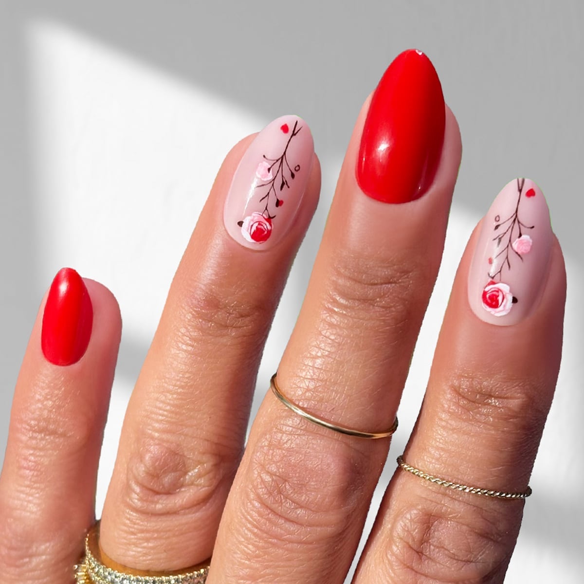 Sheer Pink Red Rose Floral Medium Almond Nails Sheer Pink Red Rose Floral Medium Almond Nails — Medium Nails
