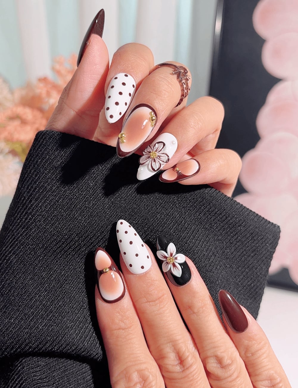 White Brown Polka Dot Floral Accent Medium Almond Nails White Brown Polka Dot Floral Accent Medium Almond Nails — Medium Nails