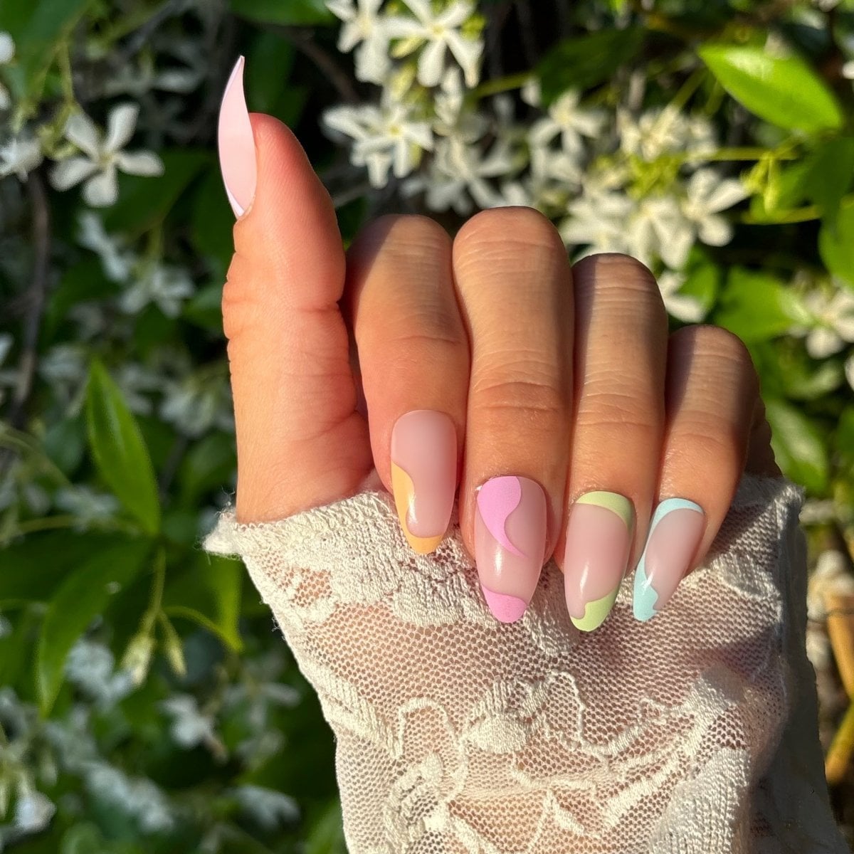 Sheer Pink Pastel Abstract Shape Medium Almond Nails Sheer Pink Pastel Abstract Shape Medium Almond Nails — Medium Nails