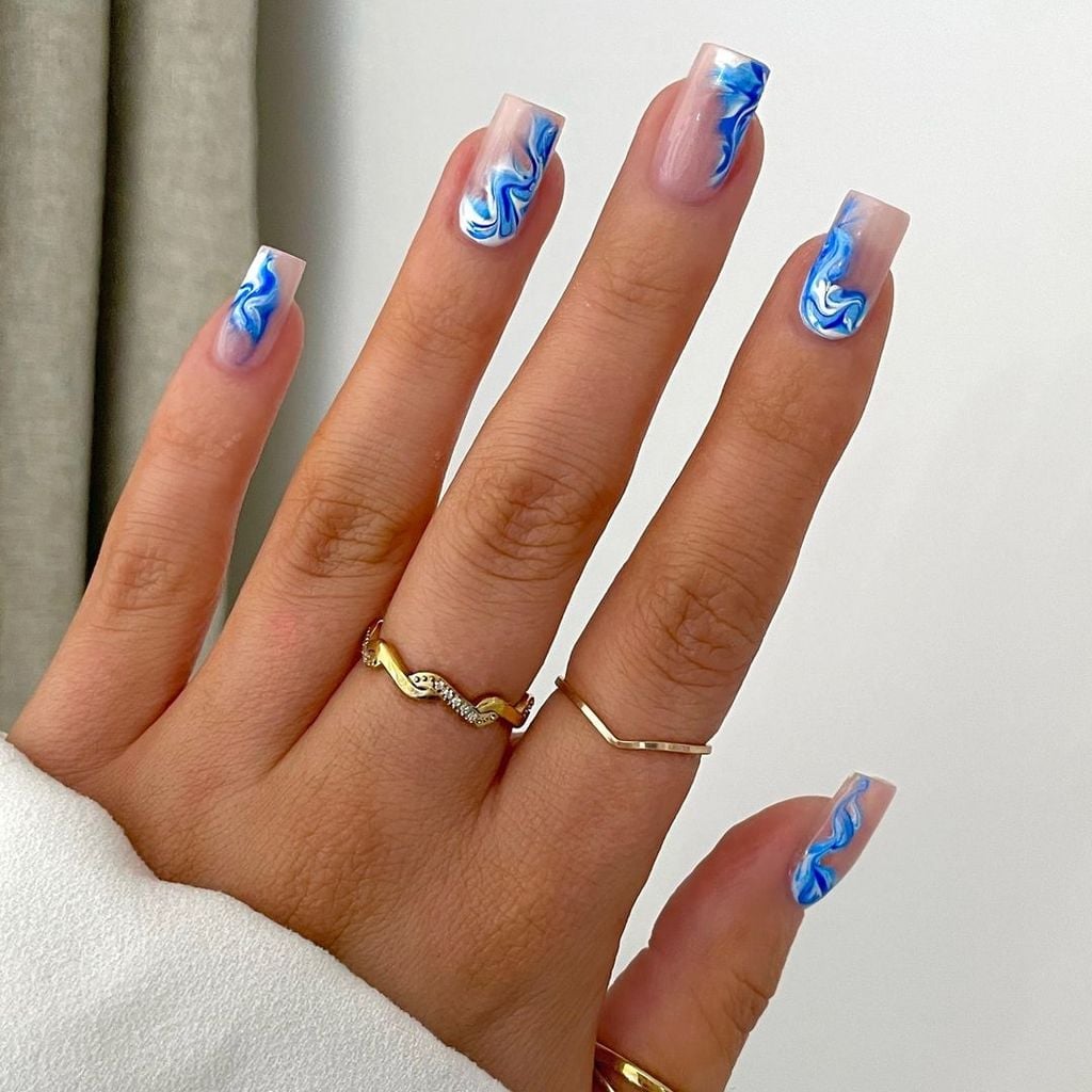 Sheer Nude Abstract Blue Swirl Medium Square Nails Sheer Nude Abstract Blue Swirl Medium Square Nails — Medium Nails