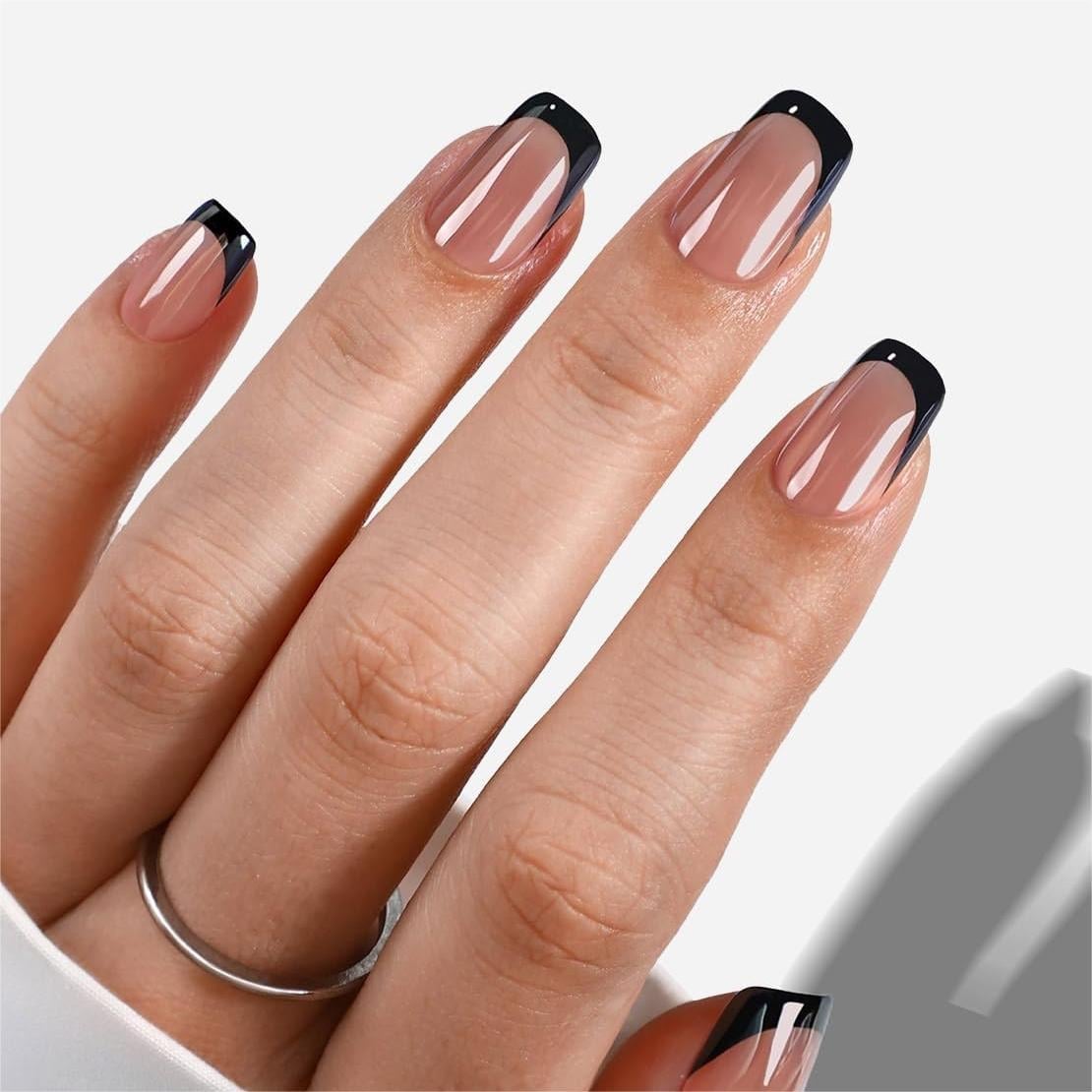 Nude Glazed Black French Tip Medium Square Nails Nude Glazed Black French Tip Medium Square Nails — Medium Nails