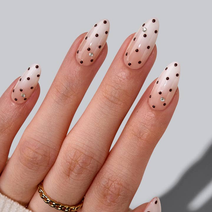 Sheer Nude White Ombre Polka Dot Rhinestone Medium Almond Nails Sheer Nude White Ombre Polka Dot Rhinestone Medium Almond Nails — Medium Nails