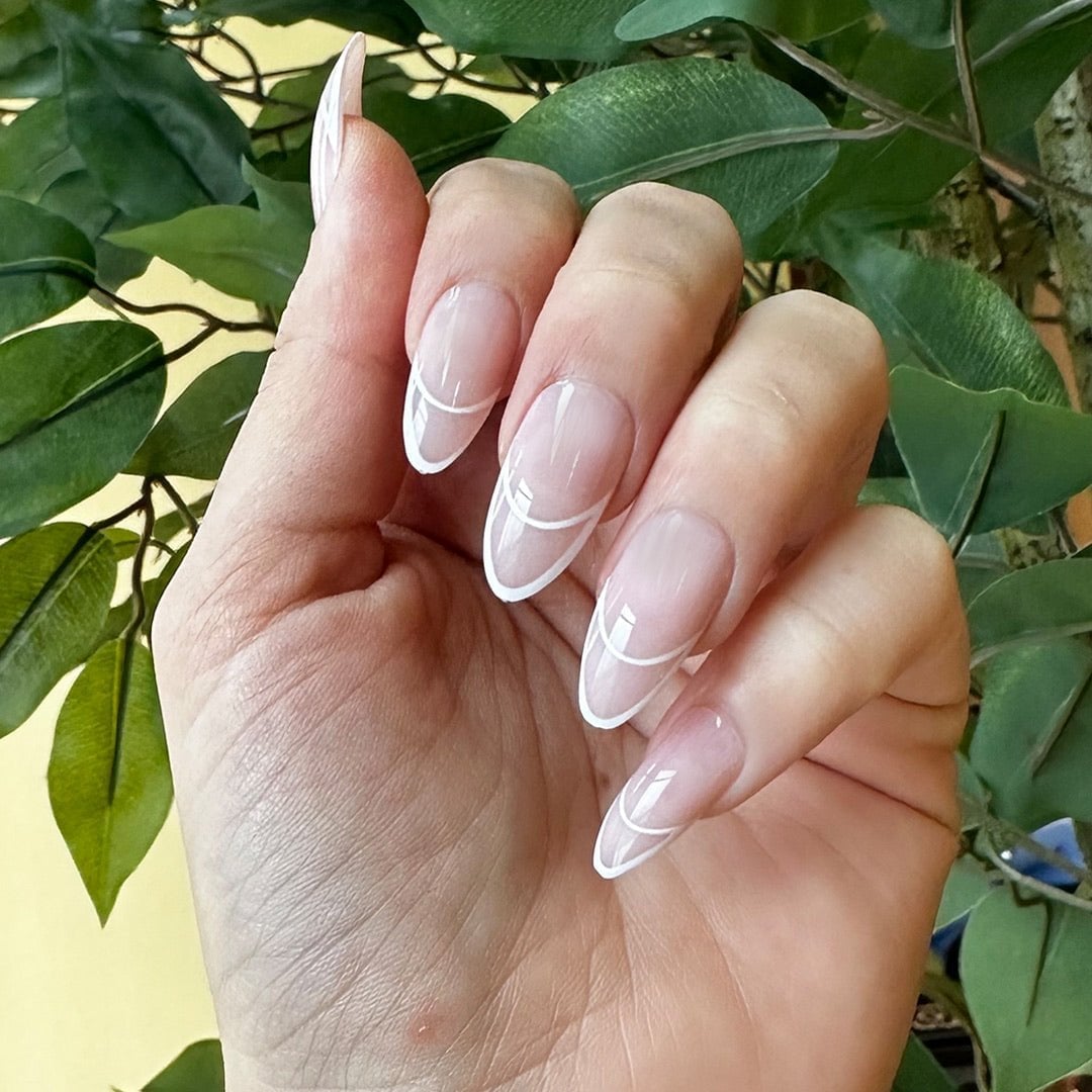Sheer Milky Nude Thin White Line Medium Oval Nails Sheer Milky Nude Thin White Line Medium Oval Nails — Medium Nails