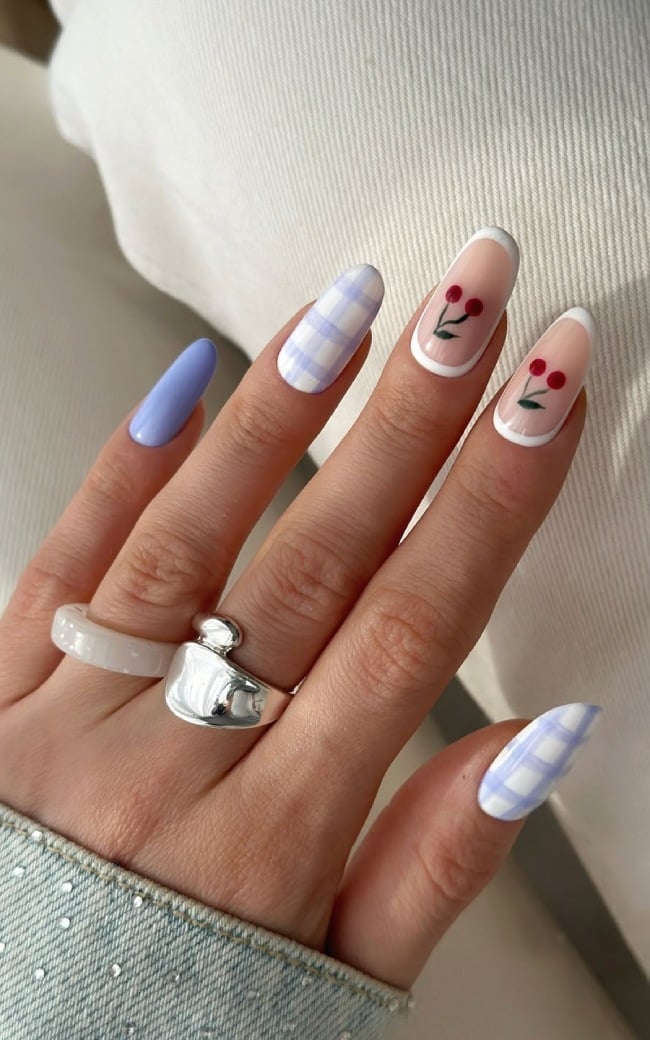 Light Blue Gingham Cherry French Tip Nails Light Blue Gingham Cherry French Tip Nails — Medium Nails