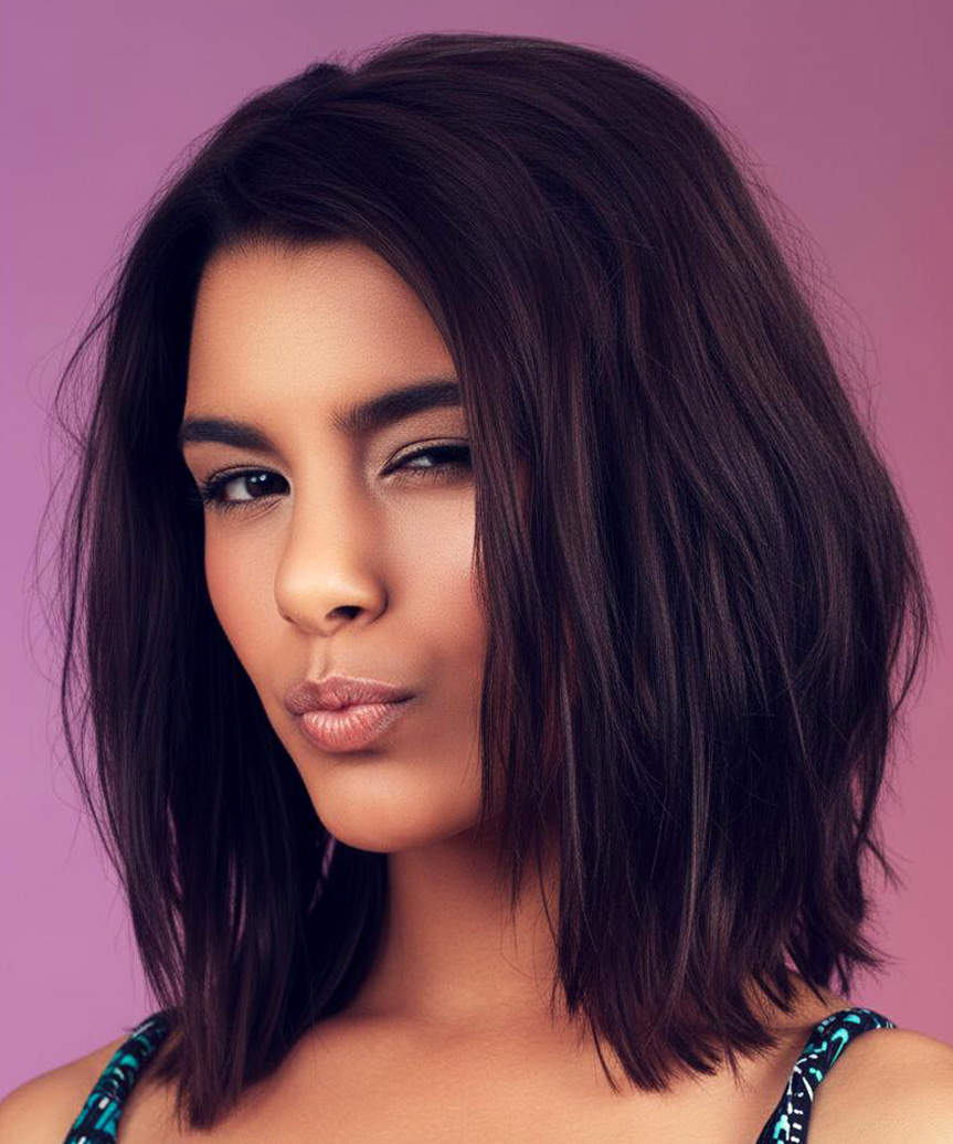 Shoulder Choppy Lob With Side-Swept Bangs Shoulder Choppy Lob With Side-Swept Bangs — Mid Length Haircuts