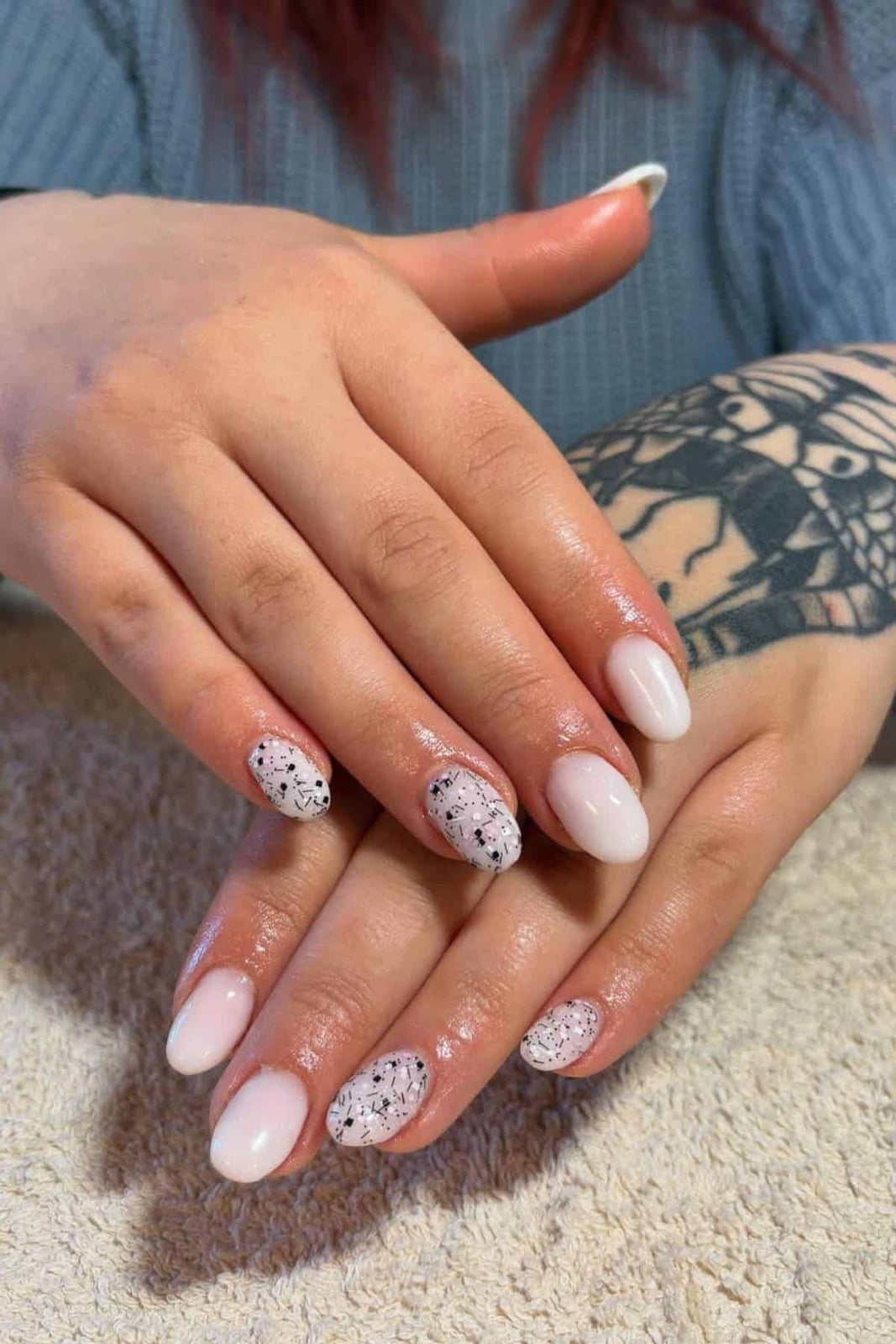 Milky Pink Short Oval Speckled Accent Nails, Close-Up Take — Milky Nails