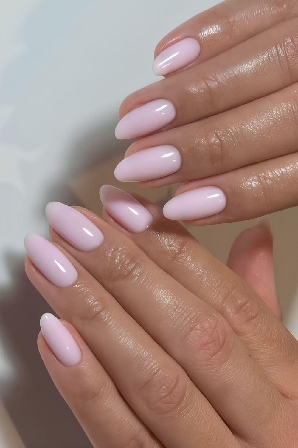 Pale Pink Milky Short Almond Nails, Close-Up Take — Milky Nails