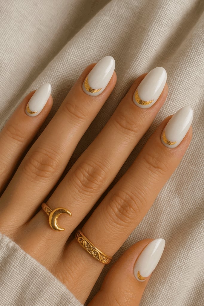 Milky White Medium Almond Gold Line Art Nails — Milky Nails