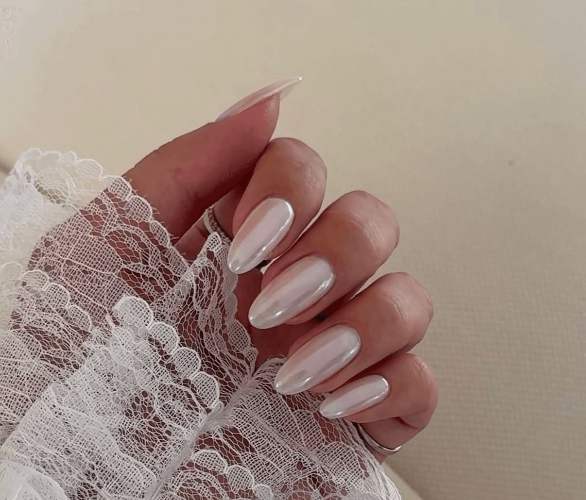 Pearlescent Milky White Chrome Medium Almond Nails — Milky Nails