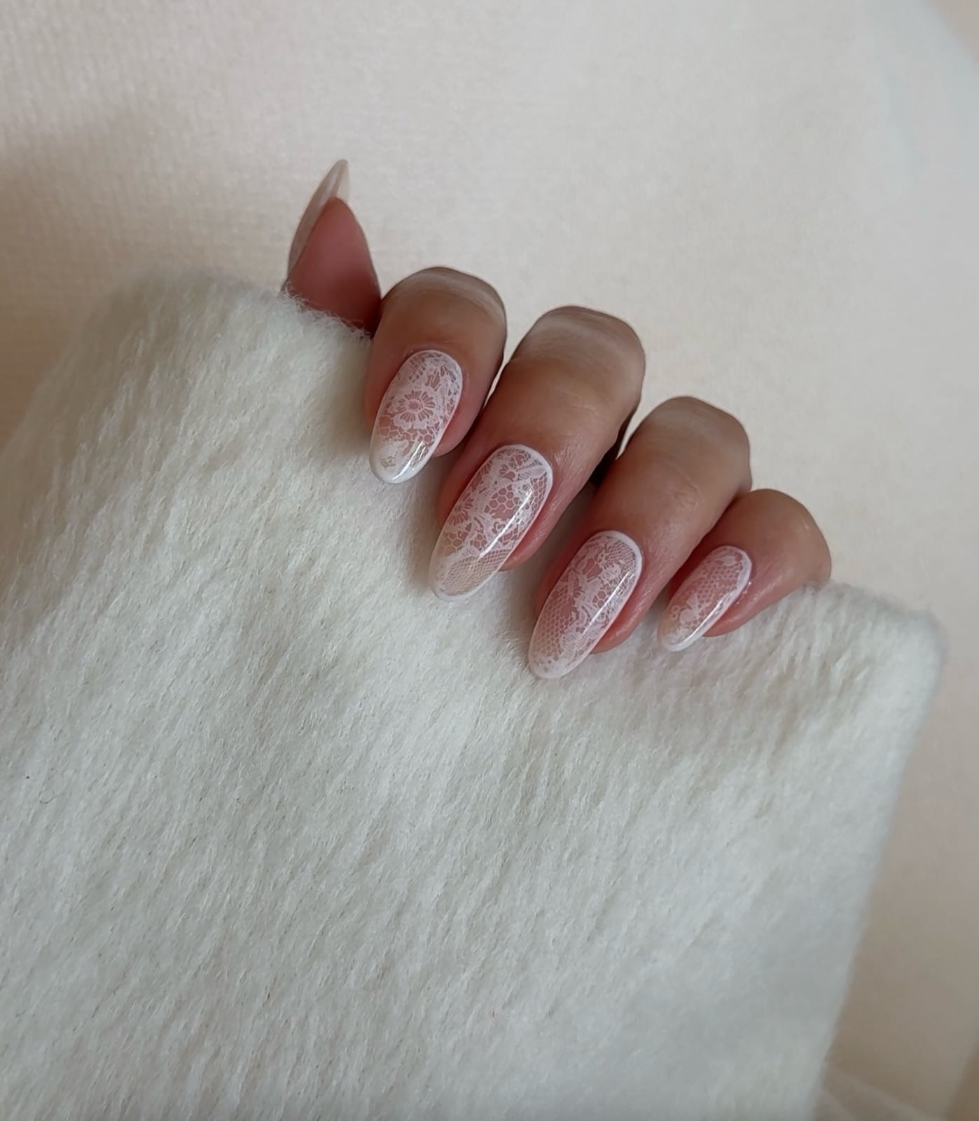 Milky White Lace Art Medium Almond Nails — Milky Nails