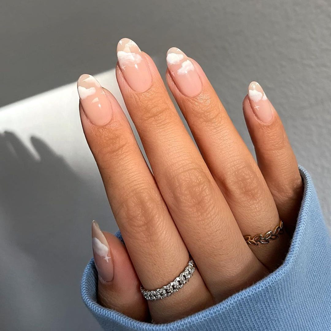 Sheer Nude Cloud Art Medium Oval Nails — Milky Nails