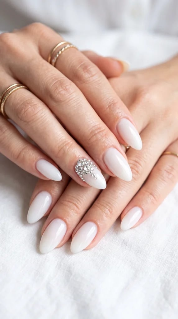 Milky White Rhinestone Accent Medium Almond Nails, Glossy — Milky Nails
