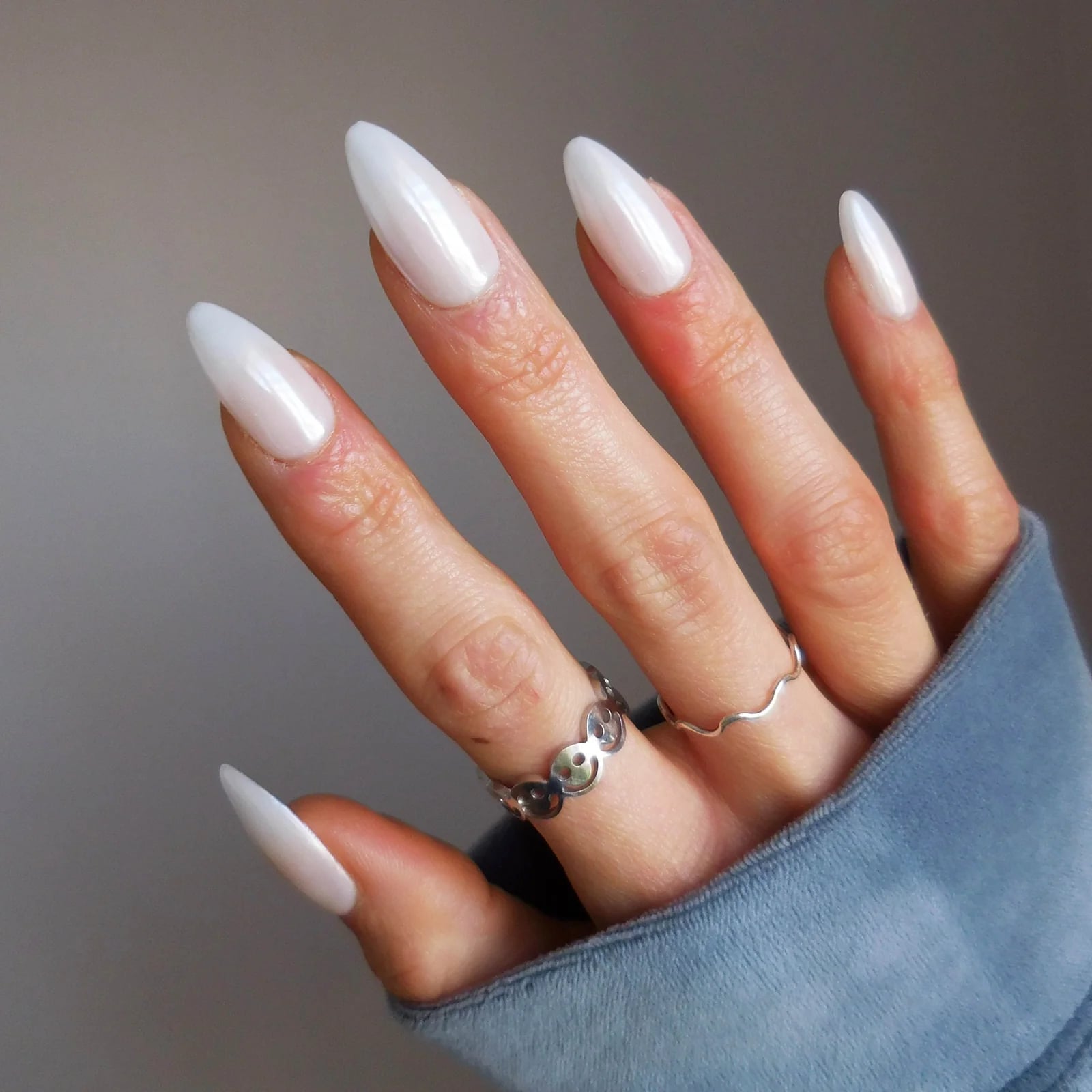 White Chrome Long Almond Nails — Milky Nails