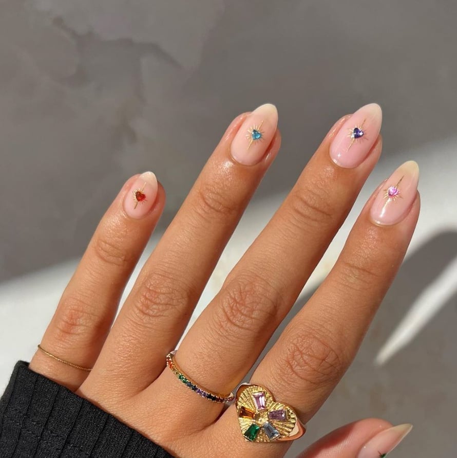 Short Oval Nails With Colorful Gem Accents — Minimalist Nails
