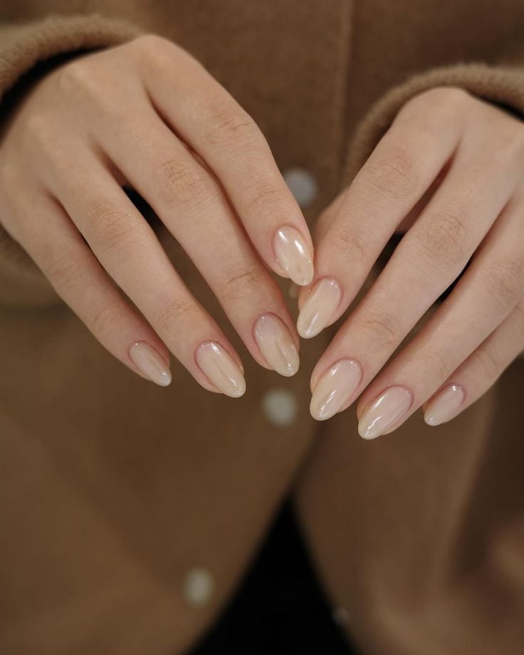 Short Almond Nails With Milky Shimmer Finish — Minimalist Nails