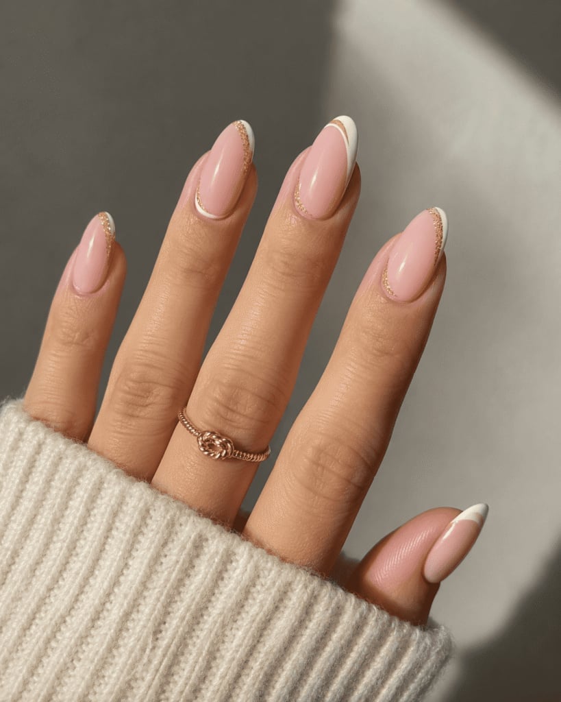 Short Almond Gold Glitter French Tip Nails — Minimalist Nails