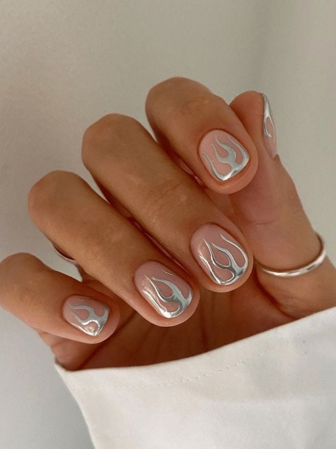 Short Square Nails With Silver Flame Art — Minimalist Nails