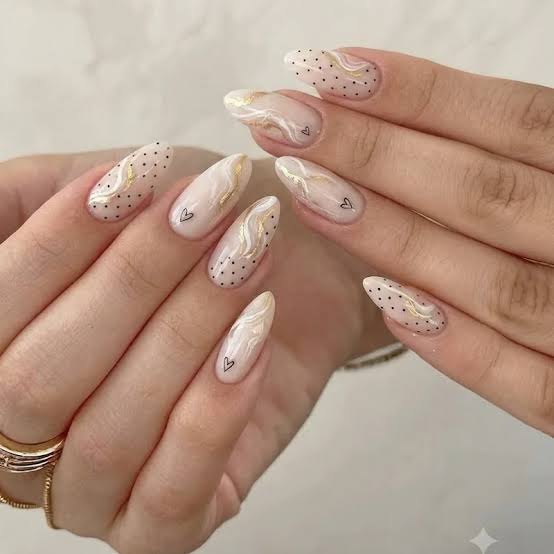 Long Almond Nails With Gold Swirls and Hearts — Minimalist Nails