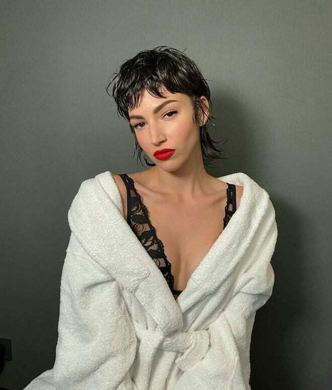 Dark Brown Mixie With Textured Bangs Wet Look — Mixie Haircut
