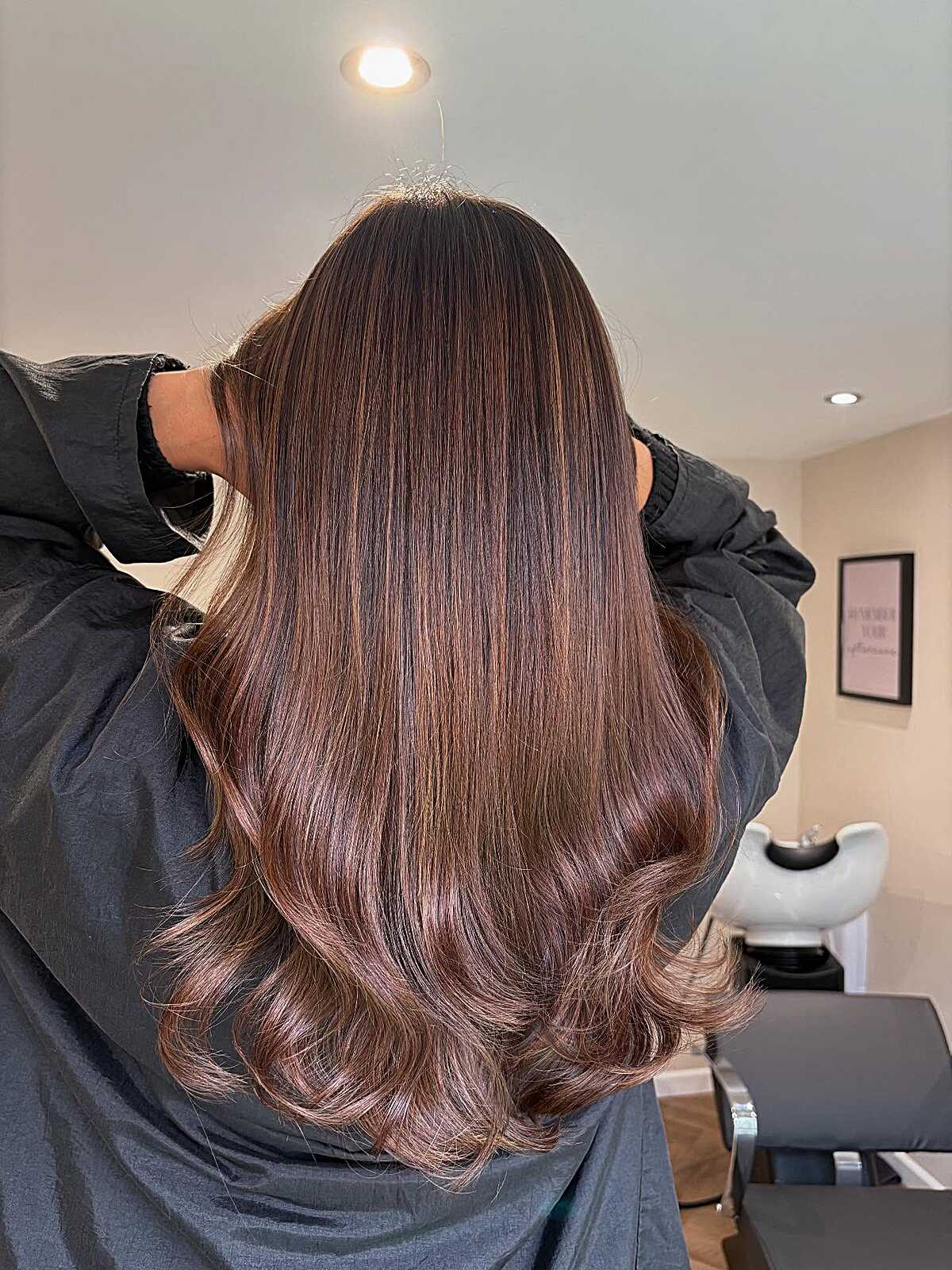 Mid-Back Mocha Brown Balayage With Side Swept Bangs, Close-Up Take — Mocha Brown Hair