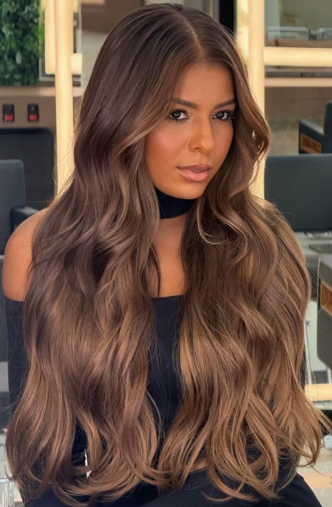Mid-Back Mocha Brown Balayage With Voluminous Blowout, Wavy — Mocha Brown Hair