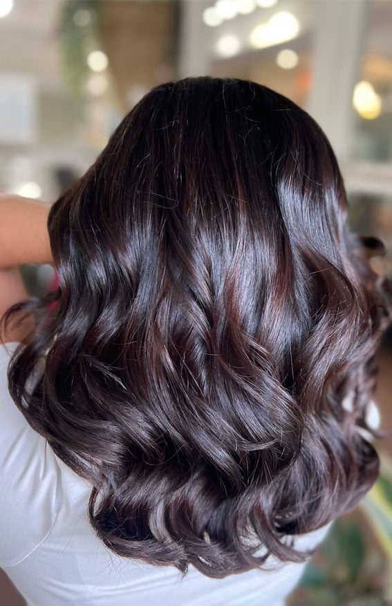 Collarbone Glossy Mocha Brown With Curtain Bangs — Mocha Brown Hair