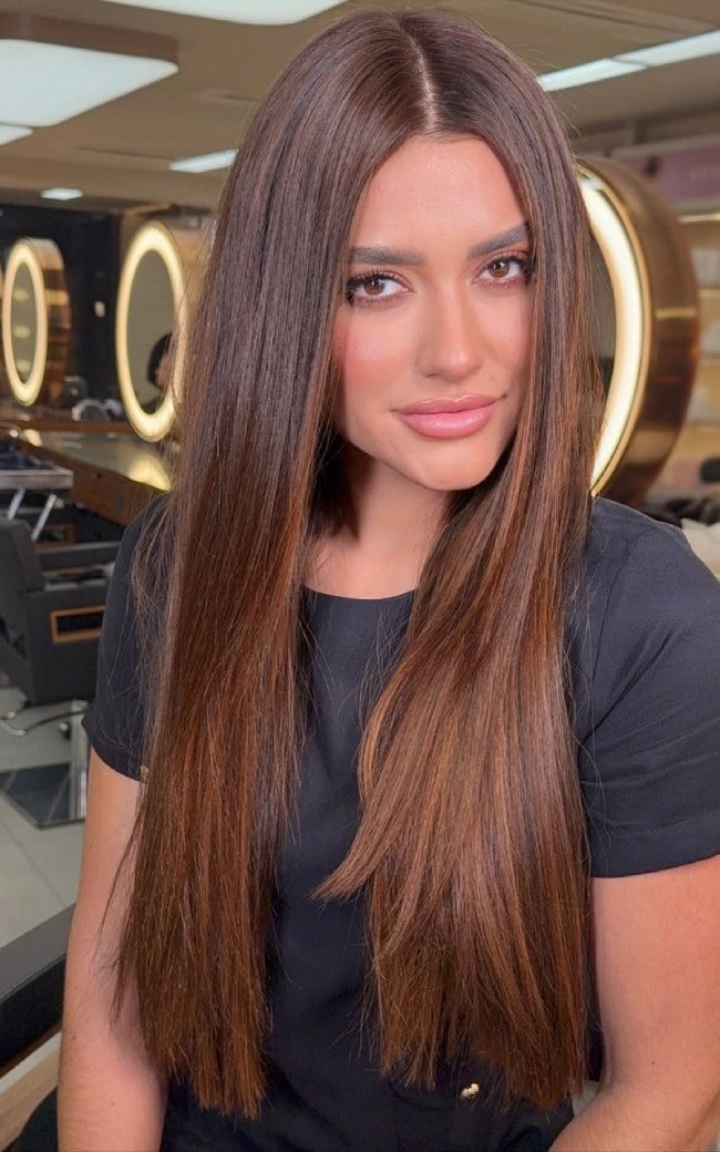 Sleek Mid-Back Chocolate Brown Balayage — Mocha Brown Hair