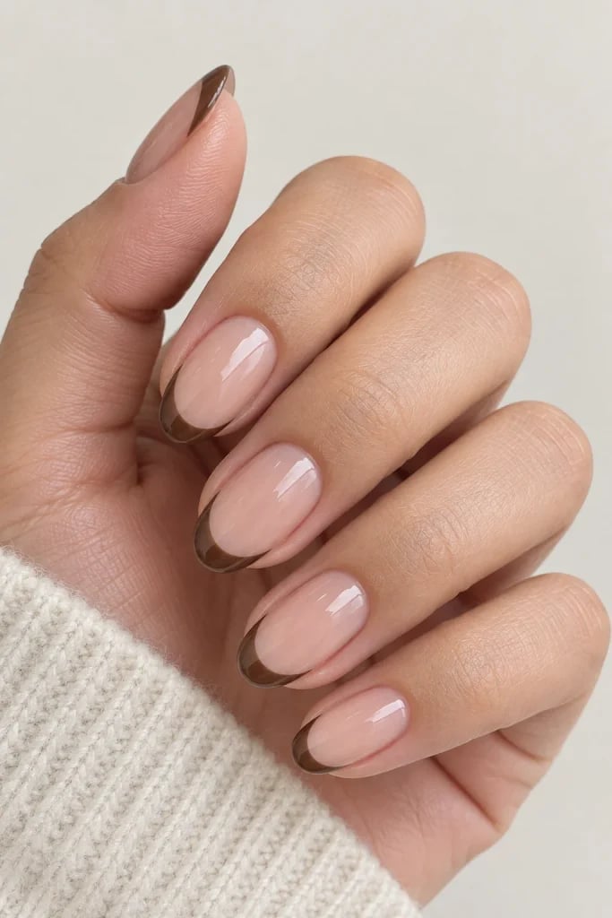 Mocha French Tip Short Oval Nails — Mocha Nails