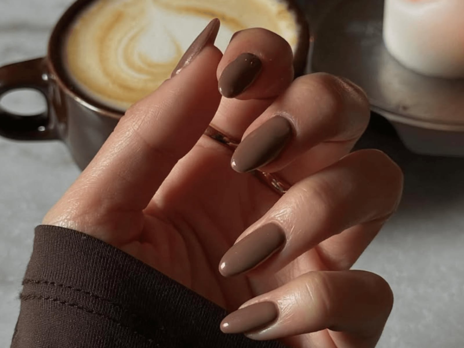 Solid Medium Brown Medium Almond Nails — Mocha Nails