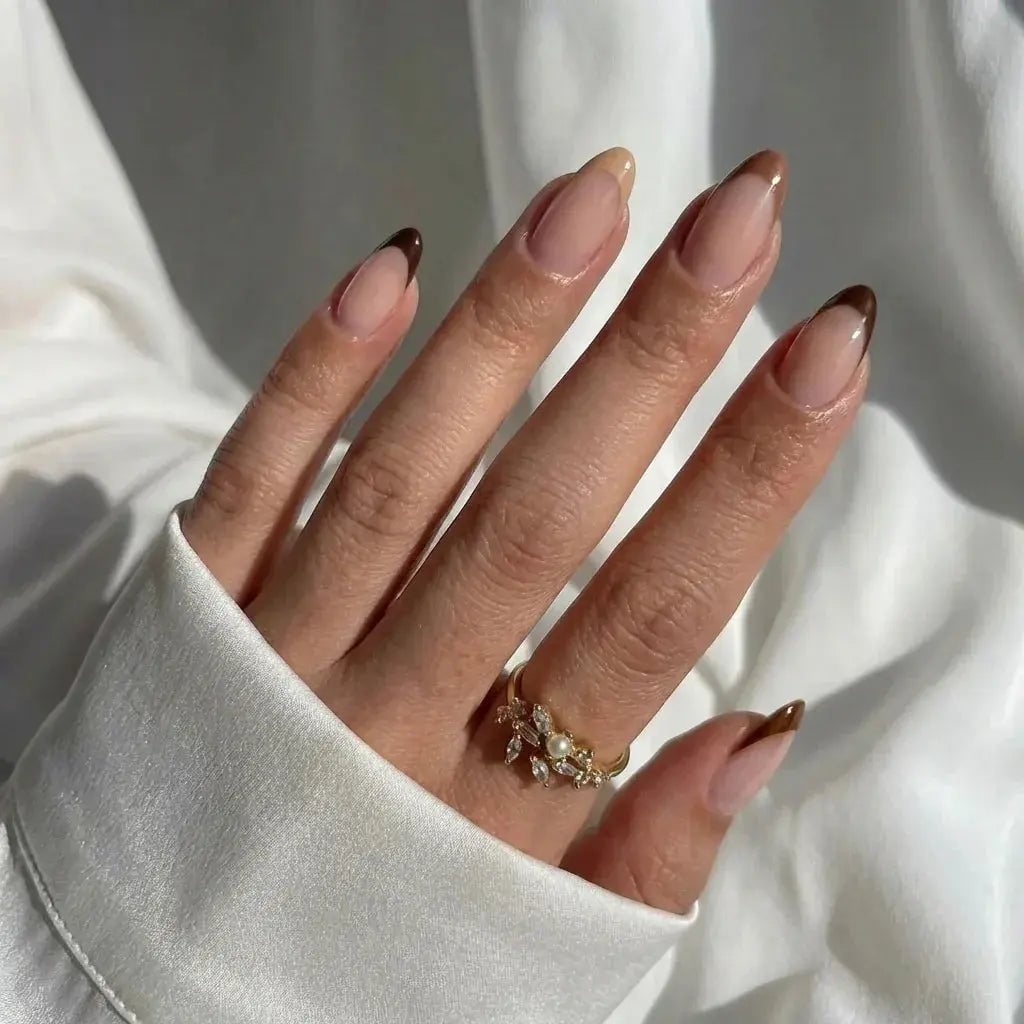 Mocha French Tip Medium Almond Nails — Mocha Nails