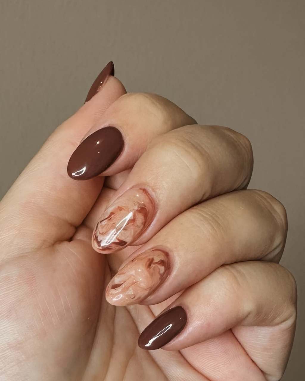 Dark Brown Marble Oval Nails — Mocha Nails