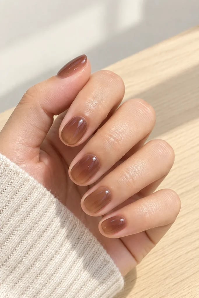 Jelly Ombre Short Oval Nails — Mocha Nails