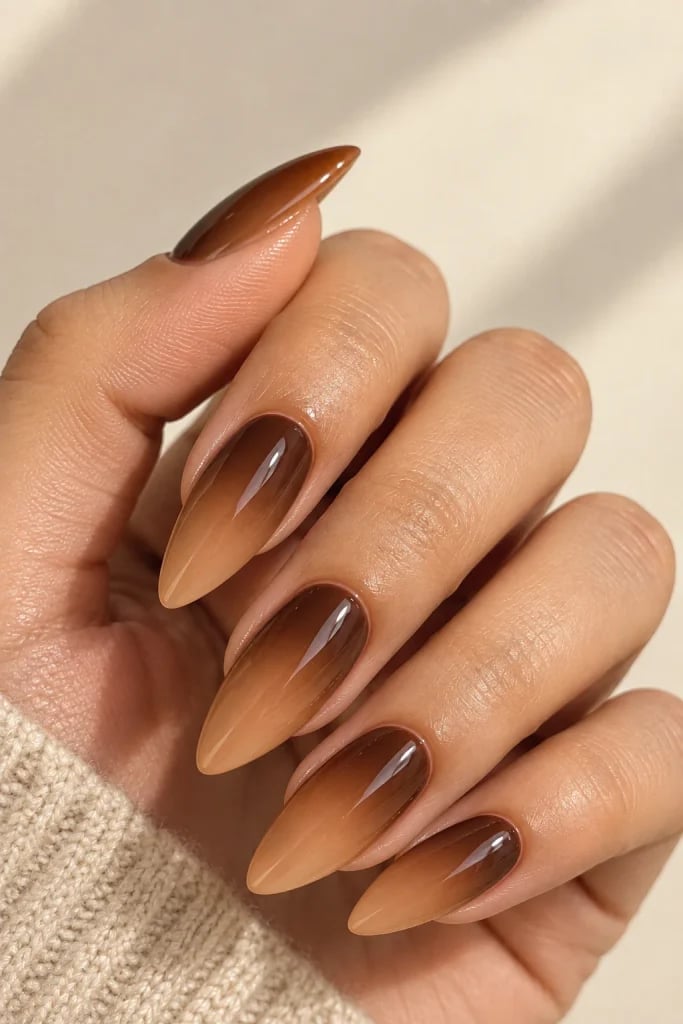 Light Beige to Dark Brown Ombre Long Stiletto Nails — Mocha Nails