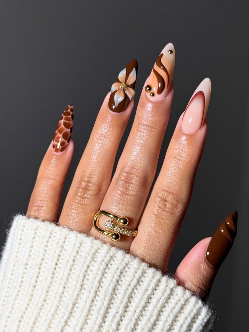 Mocha Brown Wavy Lines 3D Floral Long Stiletto Nails — Mocha Nails