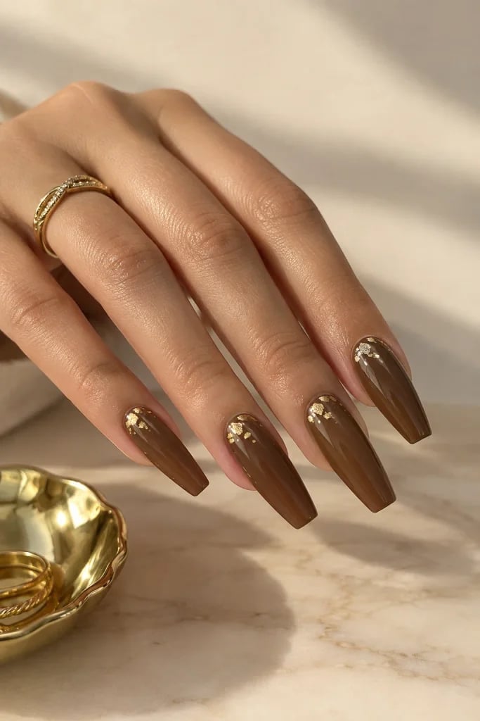 Deep Mocha Brown Gold Flake Long Coffin Nails — Mocha Nails