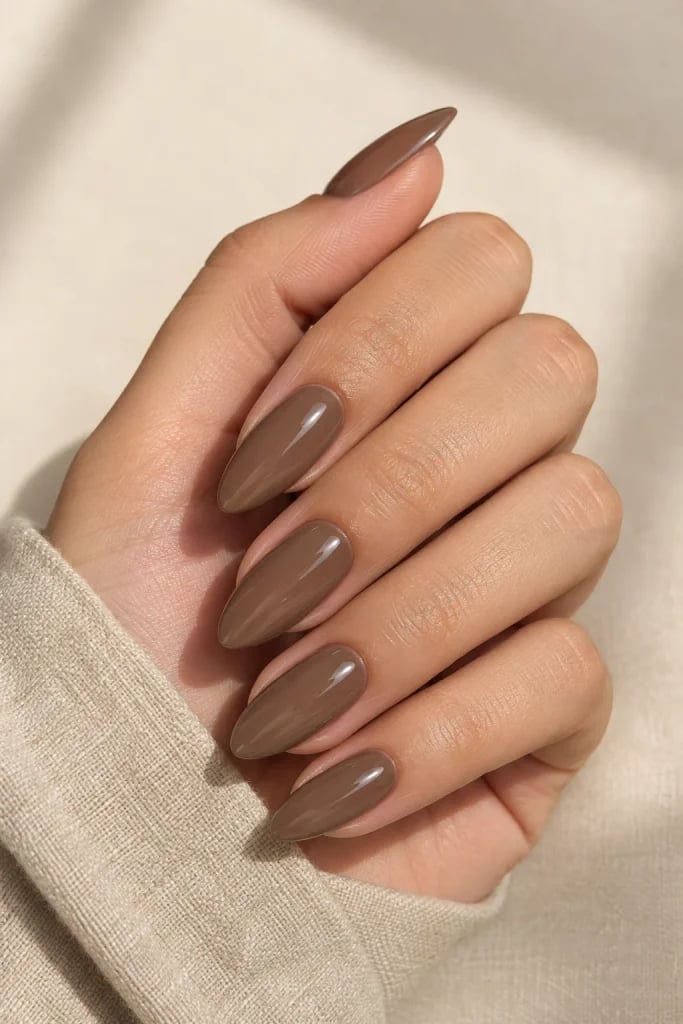 Deep Mocha Brown Short Almond Nails — Mocha Nails