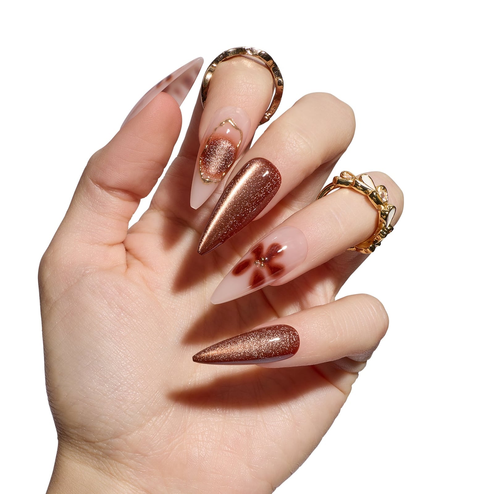 Nude Base Bronze Glitter Long Stiletto Nails — Mocha Nails