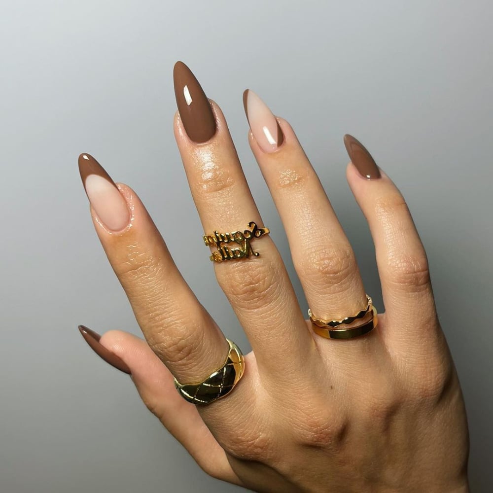 Modern Mocha French Tip Long Stiletto Nails — Mocha Nails