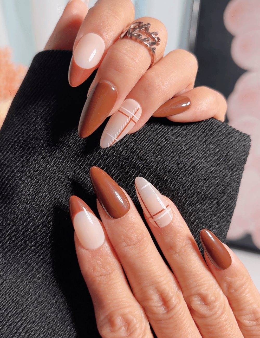 Medium Brown Beige Plaid French Long Stiletto Nails — Mocha Nails