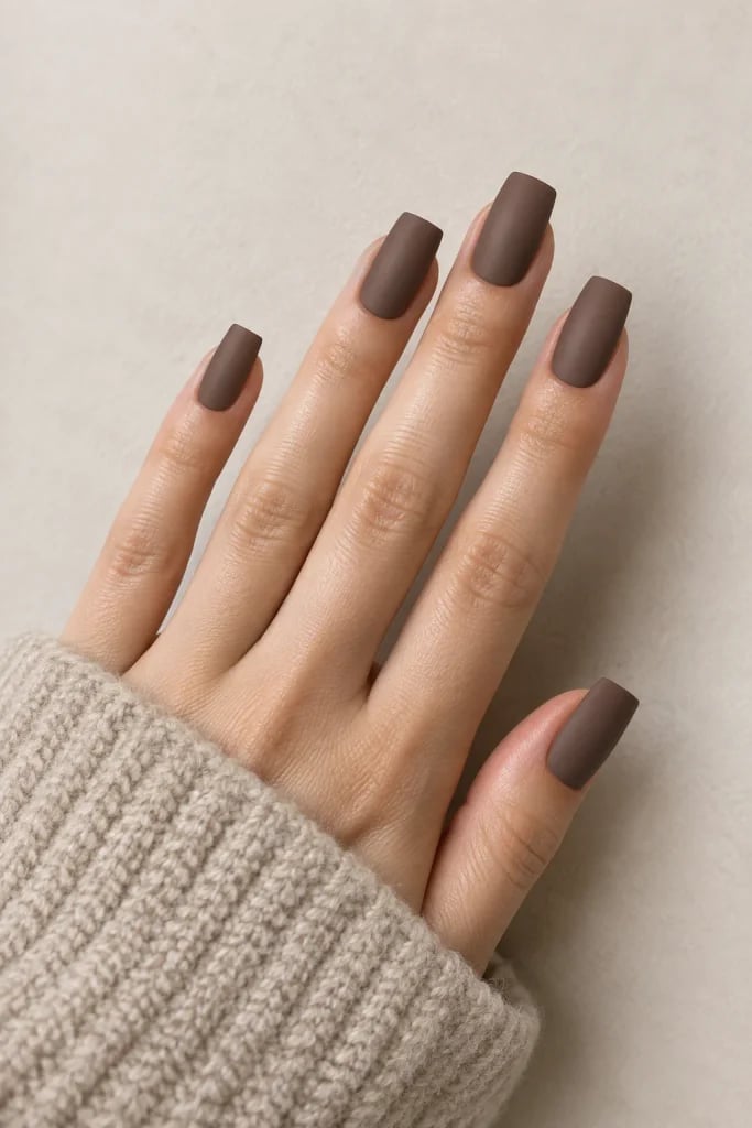 Deep Matte Brown Short Soft Square Nails — Mocha Nails