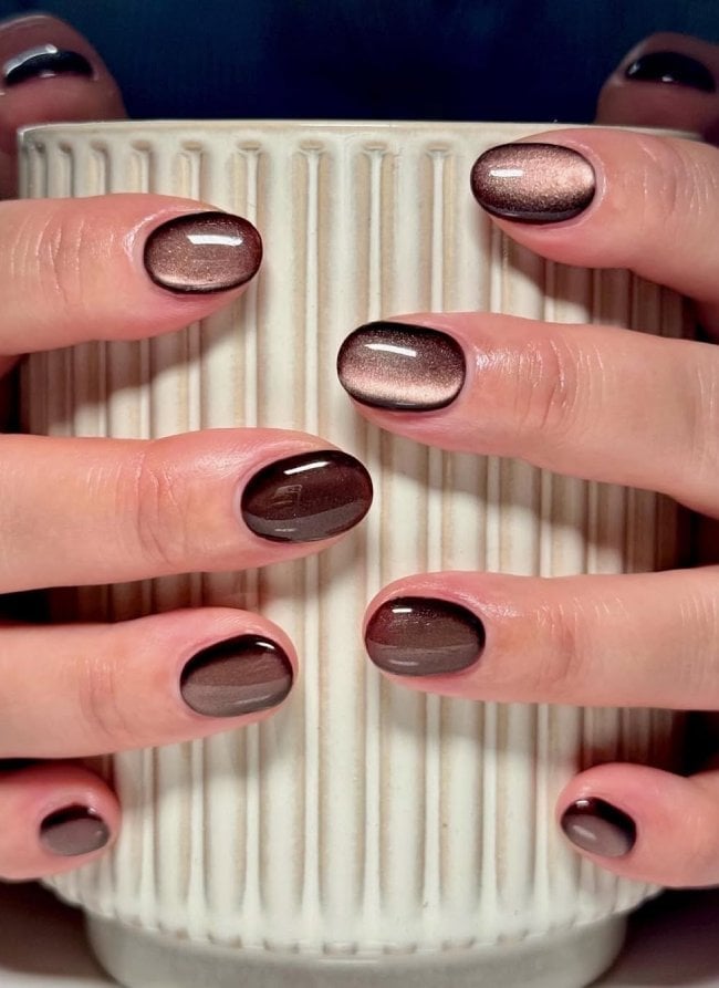 Dark Brown Cat-Eye Short Oval Nails — Mocha Nails