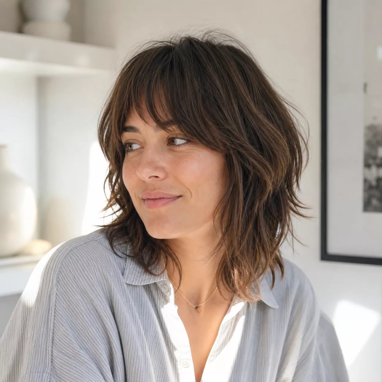 Collarbone Shag With Soft Curtain Bangs — Modern Shag